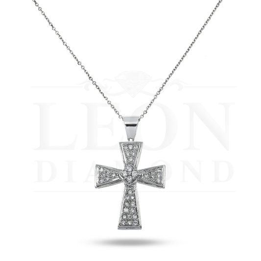 14K White Gold Round Diamond Cross Pendant & Chain Necklace 0.46Ct