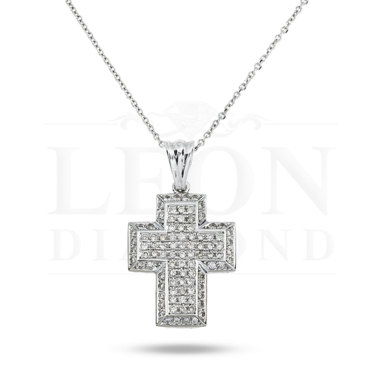 14K White Gold Round Diamond Cross Pendant & Chain Necklace 1.39Ct Necklace