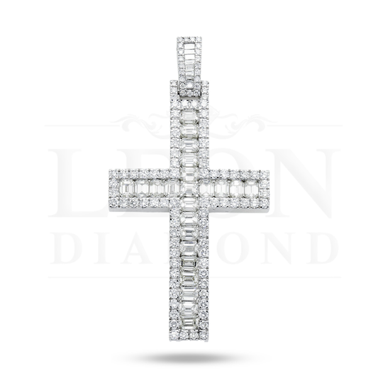 14K White Gold Round & Emerald Diamond Cross Pendant 6.96Ct