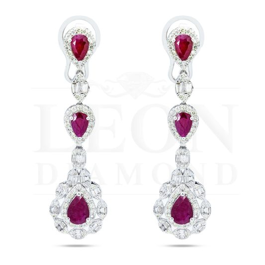 14K White Gold Ruby & Diamond Three Tier Drop Earrings