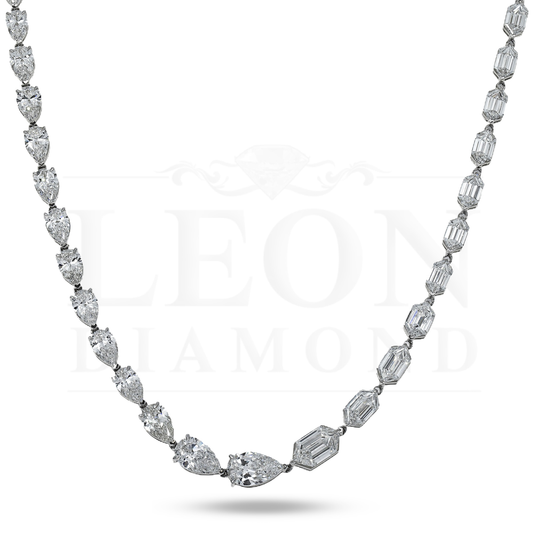 14K White Gold Step Cut Hexagon & Pear Diamond Chain 33.26Ct Necklace