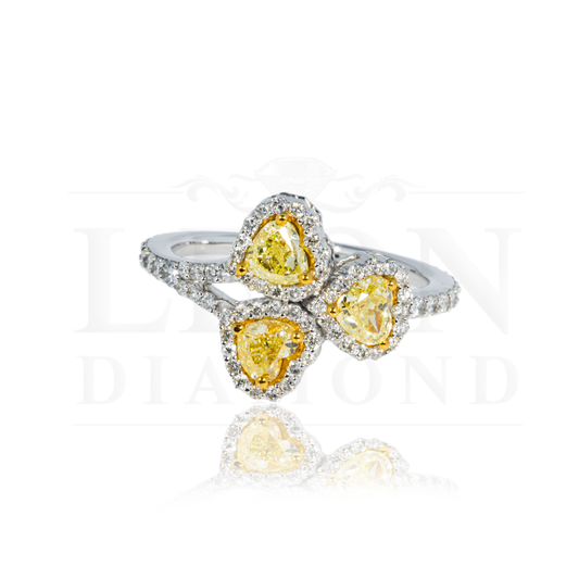 14K White Gold Triple Heart Cut Fancy Yellow Diamond Ring 1.66Ct Rings