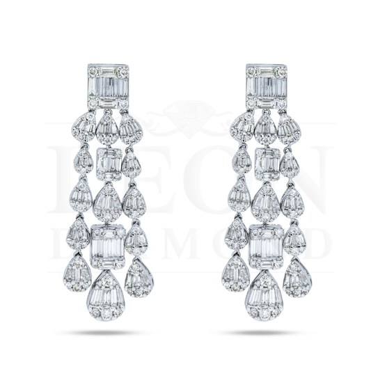 14K White Gold Triple Tier Baguette Diamond Drop Earrings 5.94Ctw