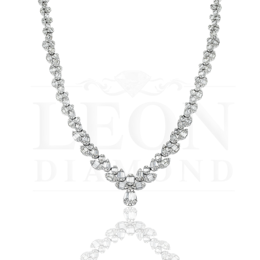 14K White Gold V-Shape Detailed Diamond Necklace 17.07Ct Necklace