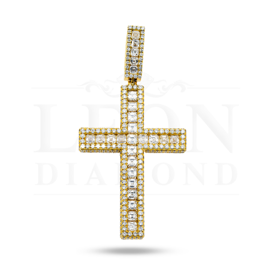 14K Yello2W Gold Triple Sided Round & Asscher Cut Diamond Cross Pendant 9.54Ct