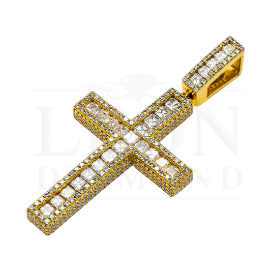 14K Yello2W Gold Triple Sided Round & Asscher Cut Diamond Cross Pendant 9.54Ct