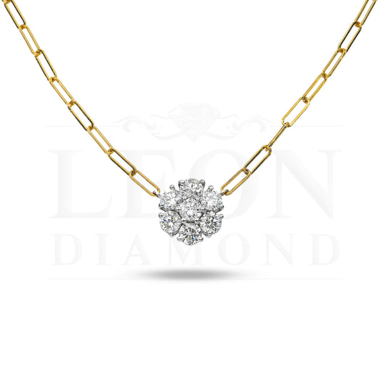 14K Yellow Gold Flower Set Diamond Paper Clip Chain Necklace 1.33Ct Necklace