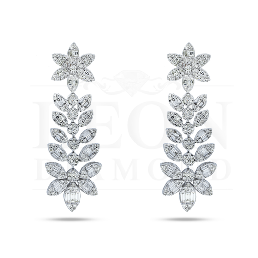 14Kwhite Gold Baguette & Round Diamond Flower Drop Earrings 5.15Ctw