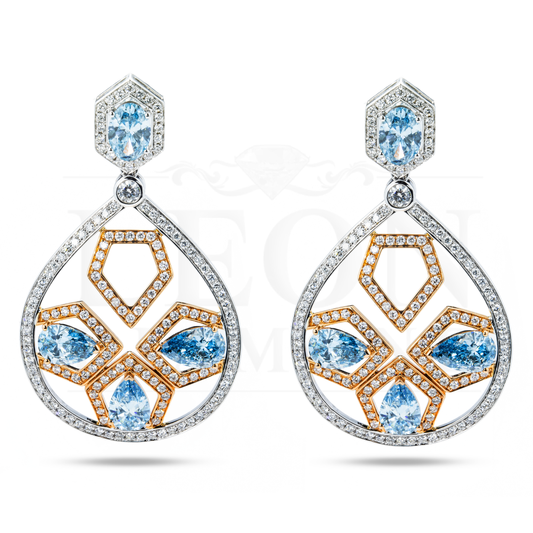 18K Two Tone Blue Diamond Geometric Drop Earrings 11.71Ctw