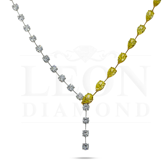 18K Two Tone Fancy Yellow Pear Cut & Round Diamond Adjustable Drop Necklace Necklace