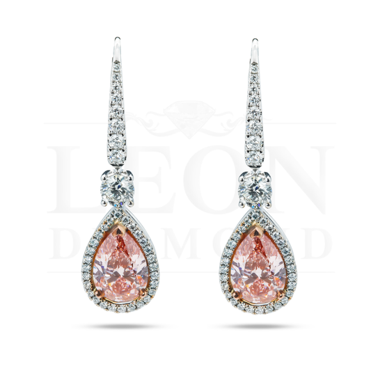 18K Two Tone Pear Cut Pink Vivid Diamond Drop Earrings 5.47Ctw