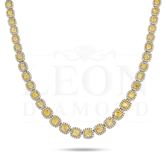 18K Two Tone Round & Cushion Cut Fancy Yellow Diamond Chain 49.52Ct Chains