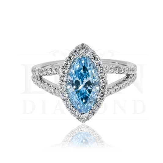 18K White Gold 1.46Ct Marquise Cut Fancy Vivid Blue Diamond Ring 1.99Ctw Bridal