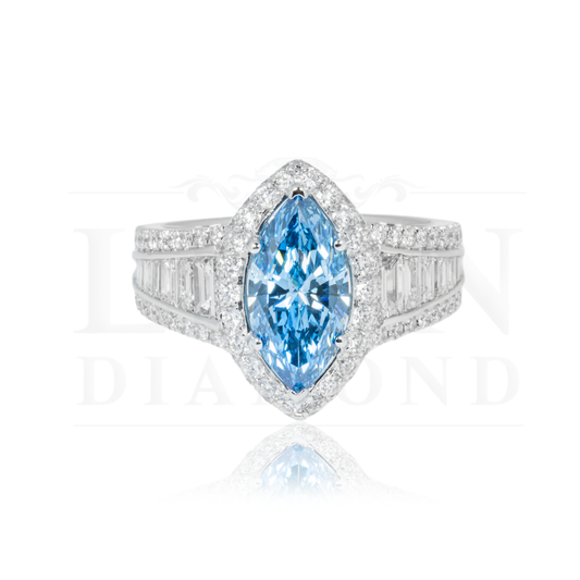 18K White Gold 1.5Ctw Marquise Cut Fancy Vivid Blue Diamond Ring 3.20Ctw Bridal