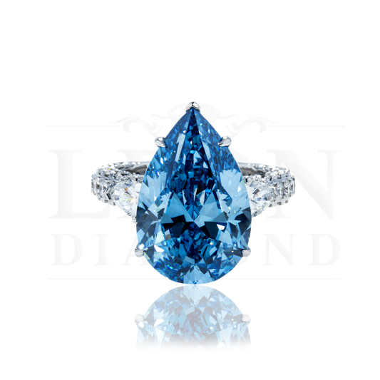 18K White Gold 10.10Ct Pear Cut Blue Vivid Diamond Engagement Ring 12.90Ctw Bridal