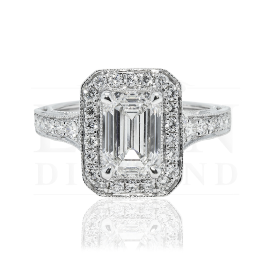 18K White Gold 2.05Ct Emerald Cut Diamond Engagement Ring 2.70Ctw Bridal