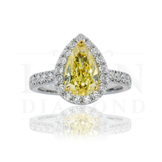 18K White Gold 2.08Ct Pear Cut Fancy Vivid Yellow Diamond Ring 2.83Ctw Bridal