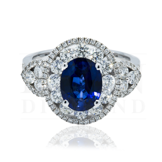 18K White Gold 2.18Ct Oval Cut Sapphire Gemstone & Diamond Ring 3.64Ctw Bridal