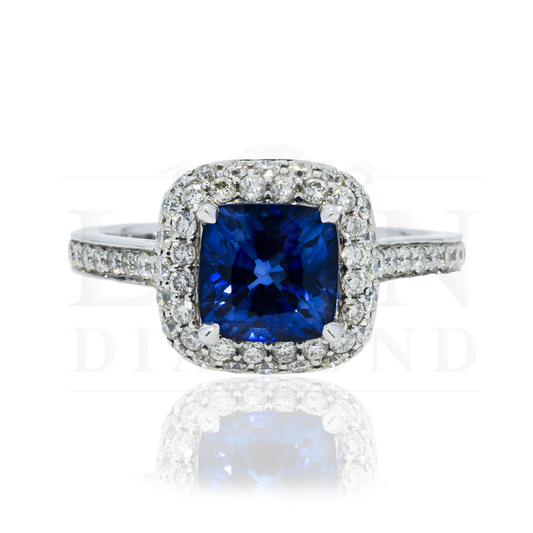 18K White Gold 2.44Ct Cushion Cut Sapphire Gemstone & Diamond Ring 3.33Ctw Bridal