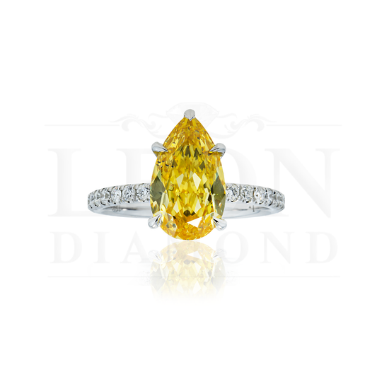 18K White Gold 3.05Ct Pear Cut Fancy Vivid Yellow Diamond Engagement Ring 3.60Ctw Bridal