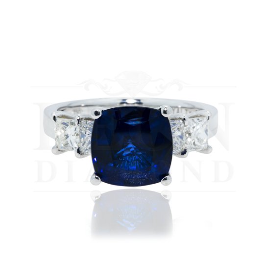 18K White Gold 4.0Ct Cushion Cut Sapphire Gemstone Ring 5.39Ctw Bridal