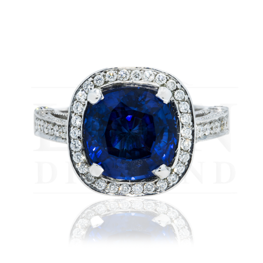 18K White Gold 5.01Ct Cushion Cut Sapphire Gemstone Ring 6.01Ctw Bridal