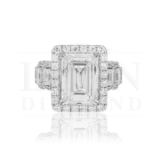 18K White Gold 7.58Ct Emerald Cut Diamond Engagement Ring 11.43Ctw Bridal