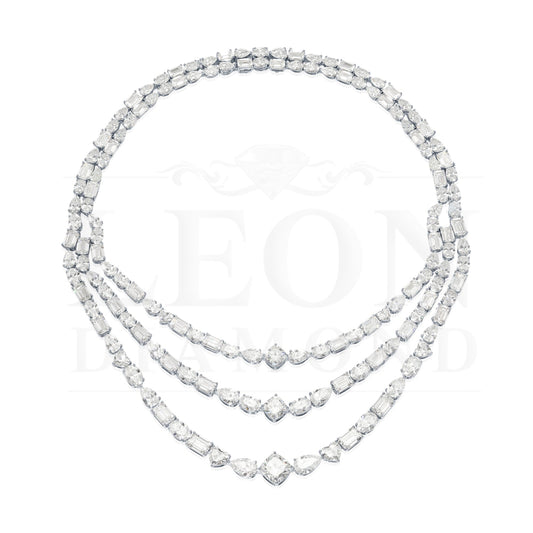 18K White Gold Combination Cut Diamond Triple Row Necklace 150.16Ct Necklace