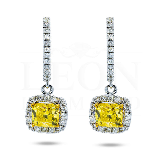 18K White Gold Cushion Cut Fancy Yellow Diamond Drop Earrings