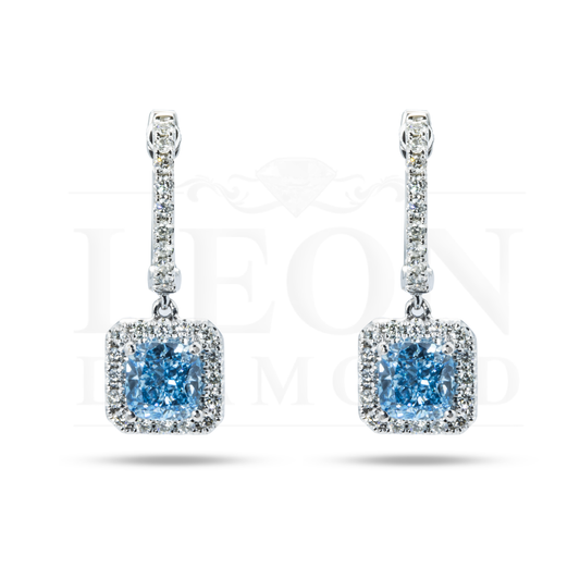 18K White Gold Cusion Cut Fancy Vivid Blue Diamond Drop Earrings 2.80Ctw