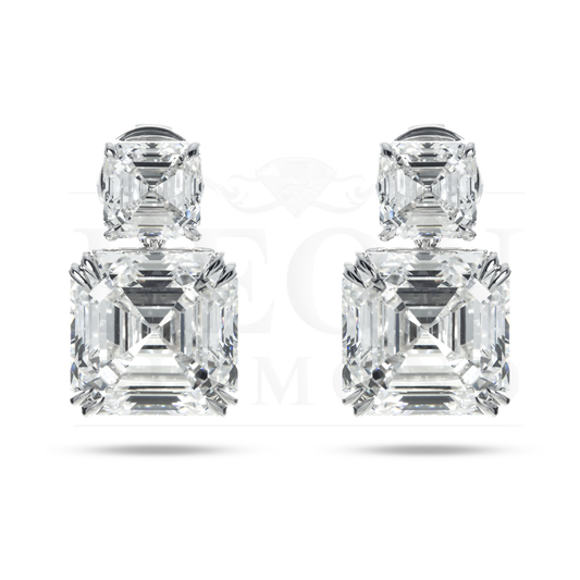 18K White Gold Double Asscher Cut Diamond Short Drop Earrings 24.43Ctw