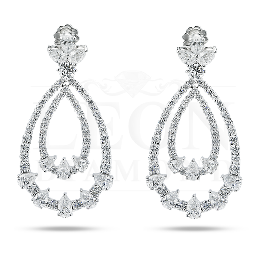 18K White Gold Double Teardrop Pear & Round Cut Diamond Earrings 10.26Ctw