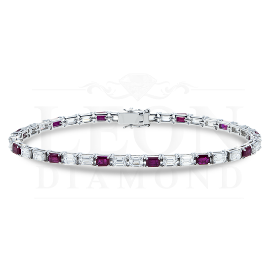 18K White Gold Emerald Cut Ruby & Diamond Tennis Bracelet Bracelets