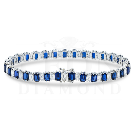 18K White Gold Emerald Cut Sapphire & Diamond Bracelet Bracelets