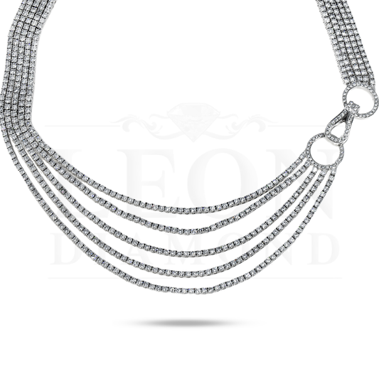 18K White Gold Five Layer Round Diamond Necklace W/ Unique Clasp 35.49Ct Necklace