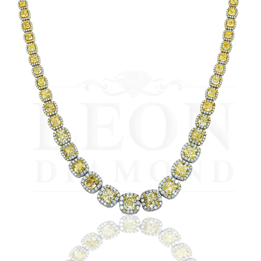 18K White Gold Graduated Cushion Cut Fancy Yellow Diamond Chain 74.25Ct Necklace