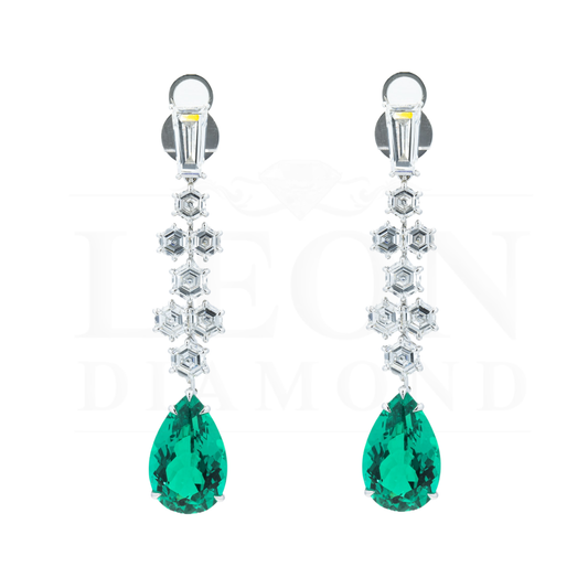 18K White Gold Hexagon Cut Diamond & Pear Emerald Drop Earrings