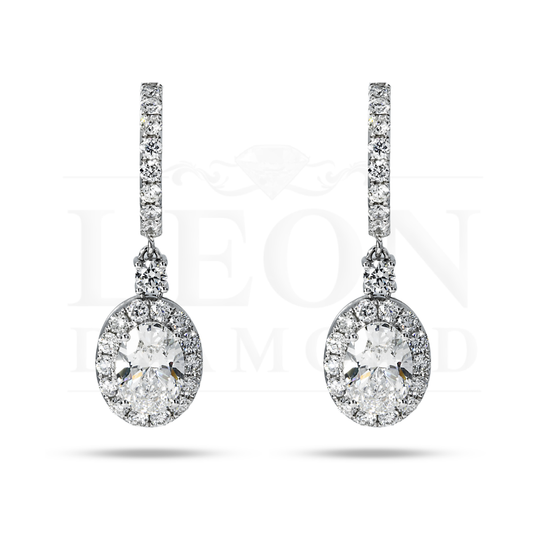 18K White Gold Oval Cut Diamond Drop Earring W/ Round Halo 5.14Ctw Earrings