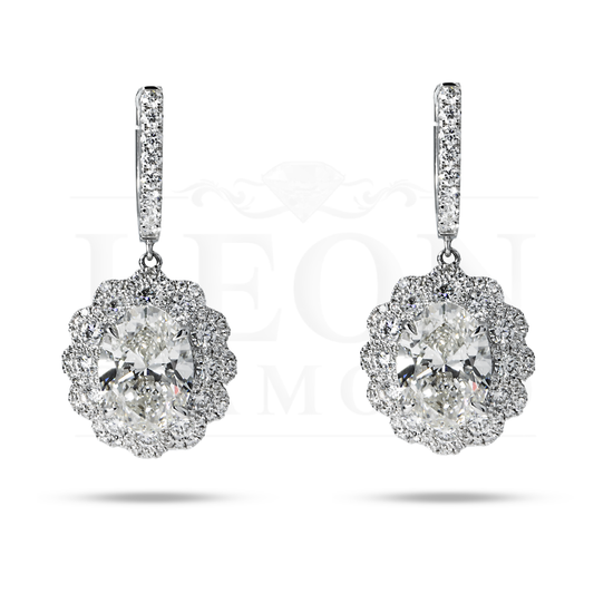 18K White Gold Oval Cut Diamond Drop Earrings W/ Round Halo 8.27Ctw