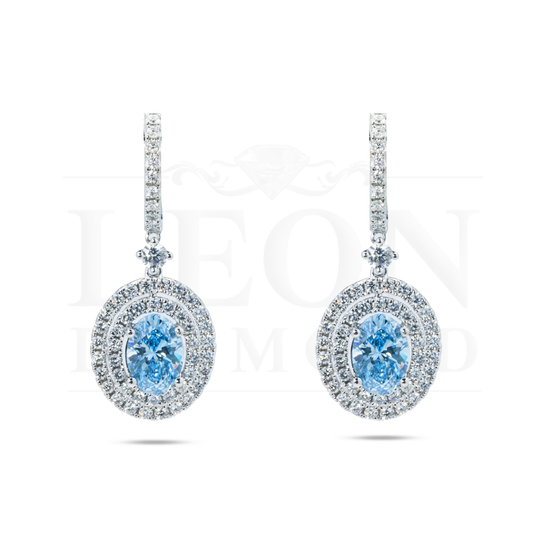 18K White Gold Oval Cut Fancy Vivid Blue Diamond Drop Earrings 3.29Ctw