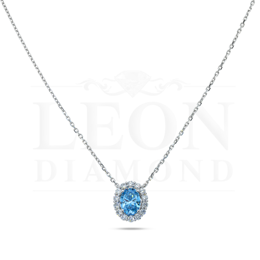 18K White Gold Oval Cut Fancy Vivid Blue Diamond Mini Pendant Necklace 1.38Ctw Necklace