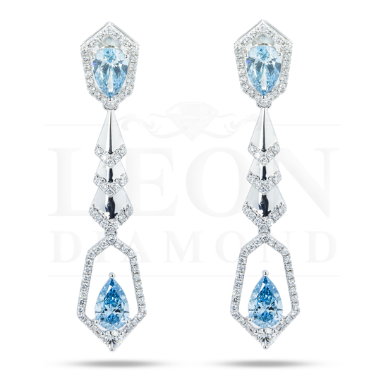 18K White Gold Pear Cut Fancy Vivid Blue Diamond Geometric Drop Earrings 5.59Ctw