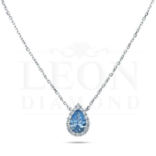 18K White Gold Pear Cut Fancy Vivid Blue Diamond Mini Pendant Necklace 1.30Ctw Necklace