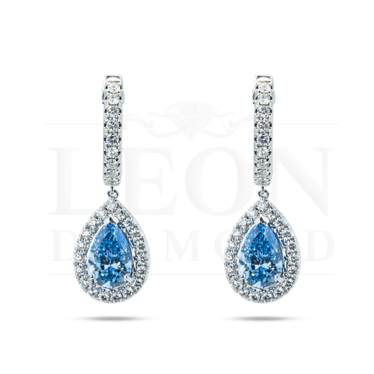 18K White Gold Pear Cut Fancy Vivid Blue Diamond Teardrop Earrings 2.95Ctw