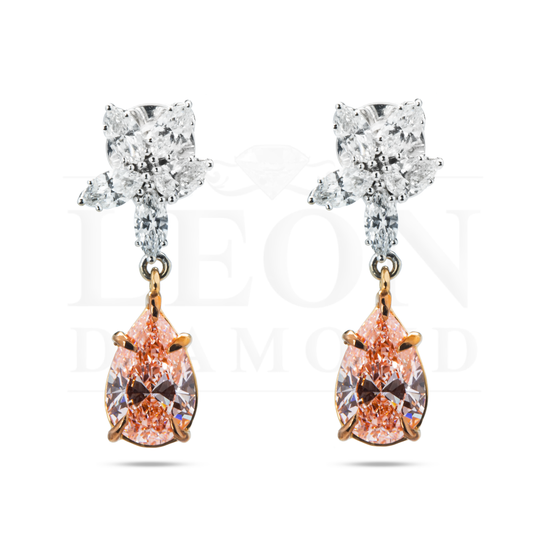 18K White Gold Pear Cut Pink Vivid Diamond Mini Flower Drop Earrings 4.17Ctw Bridal