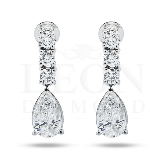 18K White Gold Pear & Round Diamond Drop Earrings 2.79Ctw