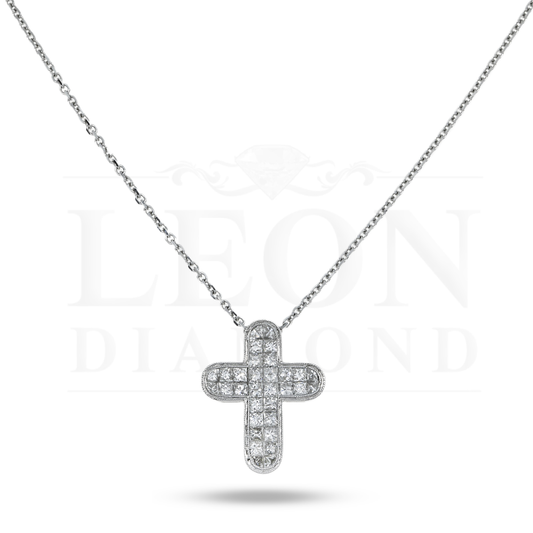 18K White Gold Princess Cut Diamond Cross Pendant & Chain Necklace 1.90Ct Necklace