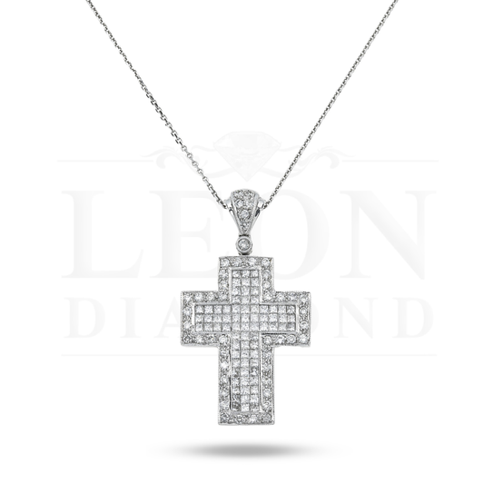 18K White Gold Princess & Round Diamond Cross Pendant Chain Necklace 2.01Ct Necklace