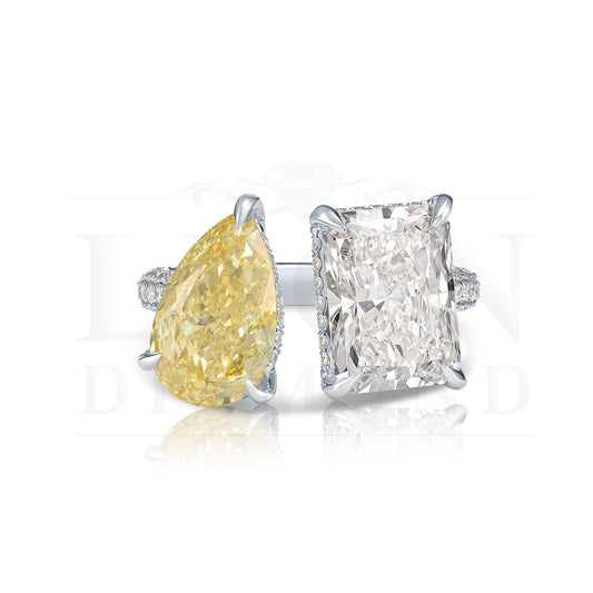 18K White Gold Radiant Cut & Fancy Yellow Pear Diamond Ring 8.25Ctw Bridal