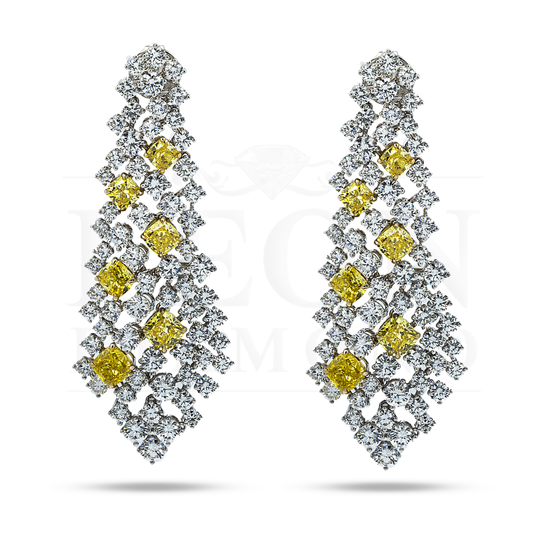 18K White Gold Round & Cushion Cut Fancy Yellow Diamond Chandelier Drop Earrings15.0Ct Earrings